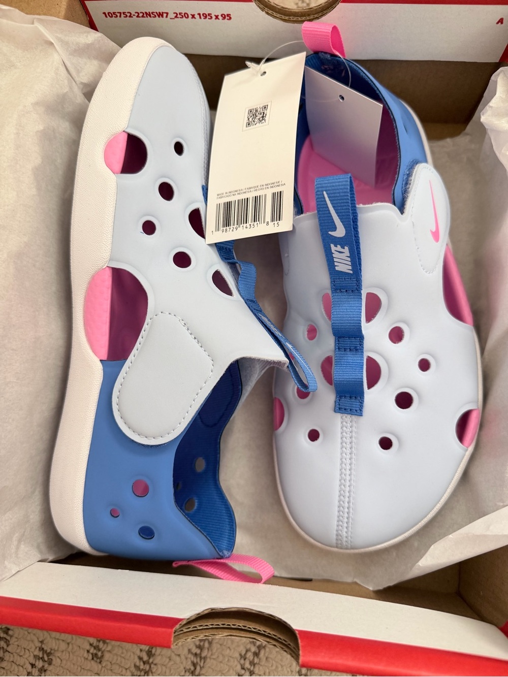 Nike Kids White Pink Blue Slip-On Water Shoes with Easy Pull Tab